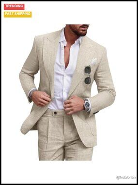 Men's Linen Suits 2 Piece Slim Fit Formal Tuxedo Beach Wedding Suit